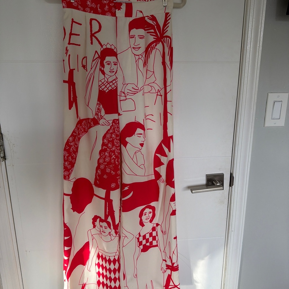 Red and White Graphic Print Pants